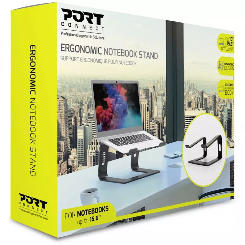 Laptopständer Port Designs 901103 — Aluminium und Schwarz, für Laptops bis 15,6 Zoll, Breite 260 mm, Tiefe 145 mm, Höhe 225 mm