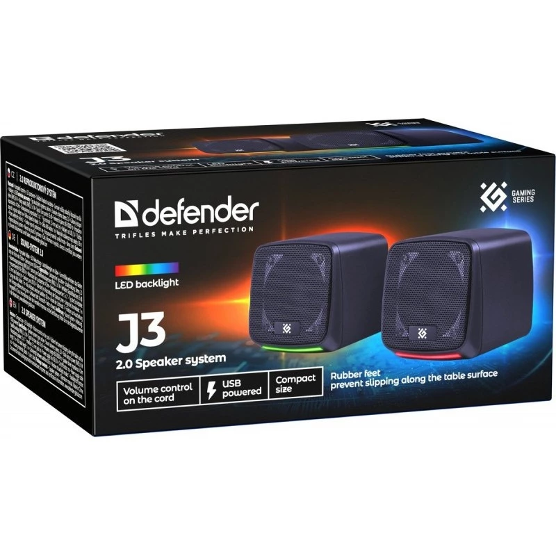 PC-Lautsprecher DEFENDER J3 2.0 6W LED USB, 2×3W RMS, 90–20000 Hz, 3,5 mm, schwarz