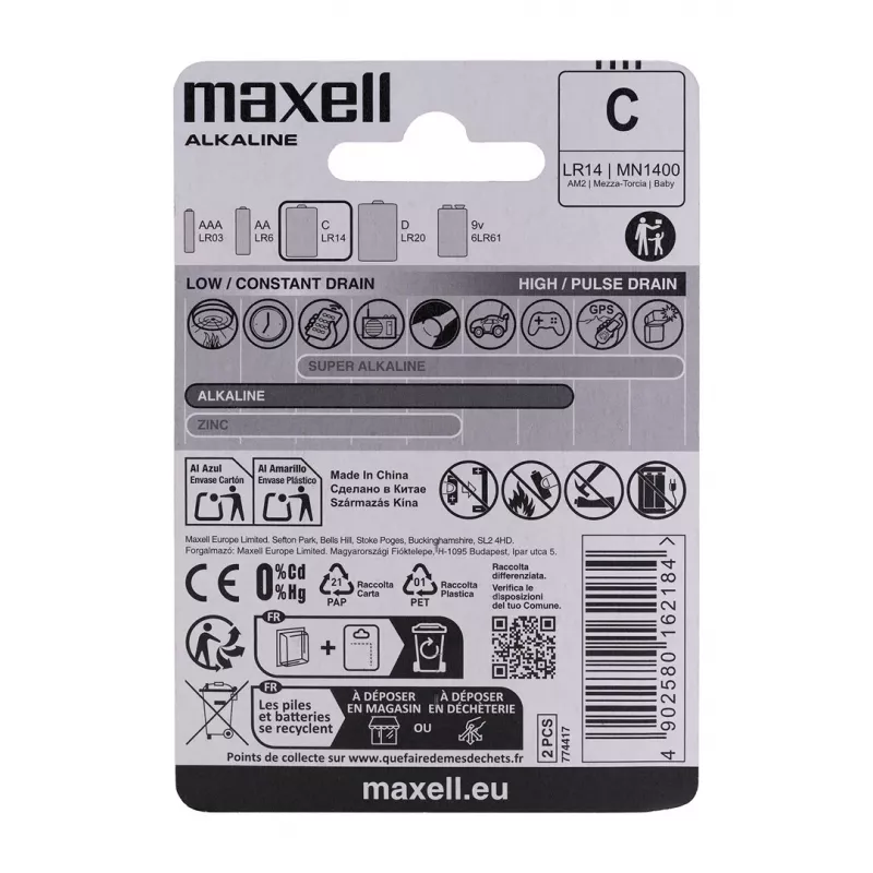 Einwegbatterie MAXELL LR14 (C) Alkaline 1,5 V, 2 Stück, Blister
