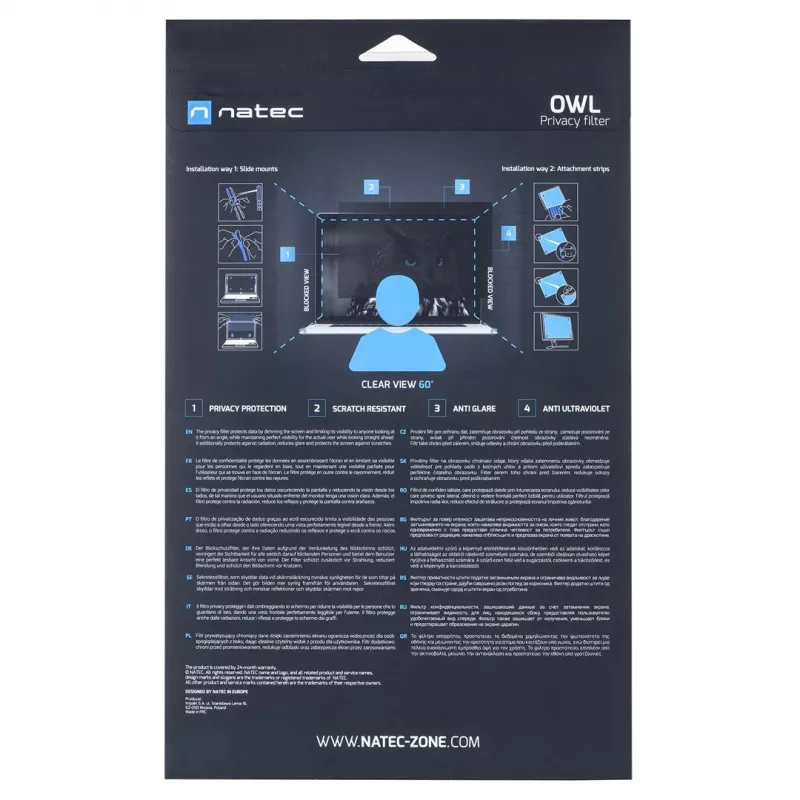 Rahmenloser Blickschutzfilter NATEC Owl 60,5 cm (23,8 Zoll) für 16:9-LCD-Monitore – 527×297 mm