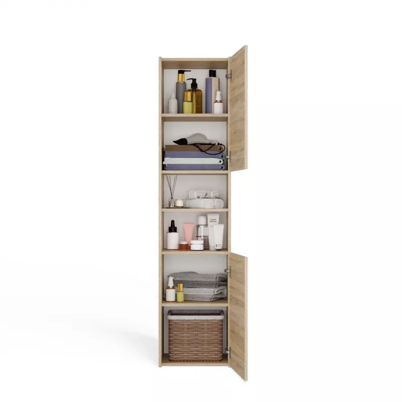 Badezimmer-Standschrank Top e shop S40 SONOMA — Eichenfarbener Rahmen, freistehend, 6 Regalböden, 400×300×1700 mm