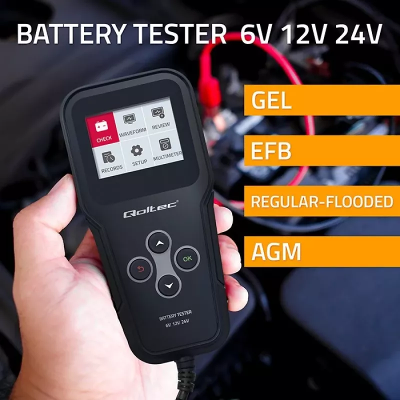 Qoltec 52489 Digitaler Batterie-Analyzer Tester 3-in-1 mit LCD und mehrsprachig 6V | 12V | 24V | 30Ah-200Ah