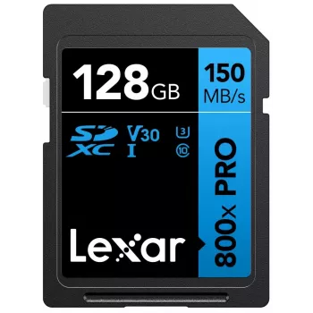 SDXC-Speicherkarte Lexar 128GB UHS-I 800xPRO Class 10 U3 V30 — 150 MB/s Lesen, 45 MB/s Schreiben, Schwarz