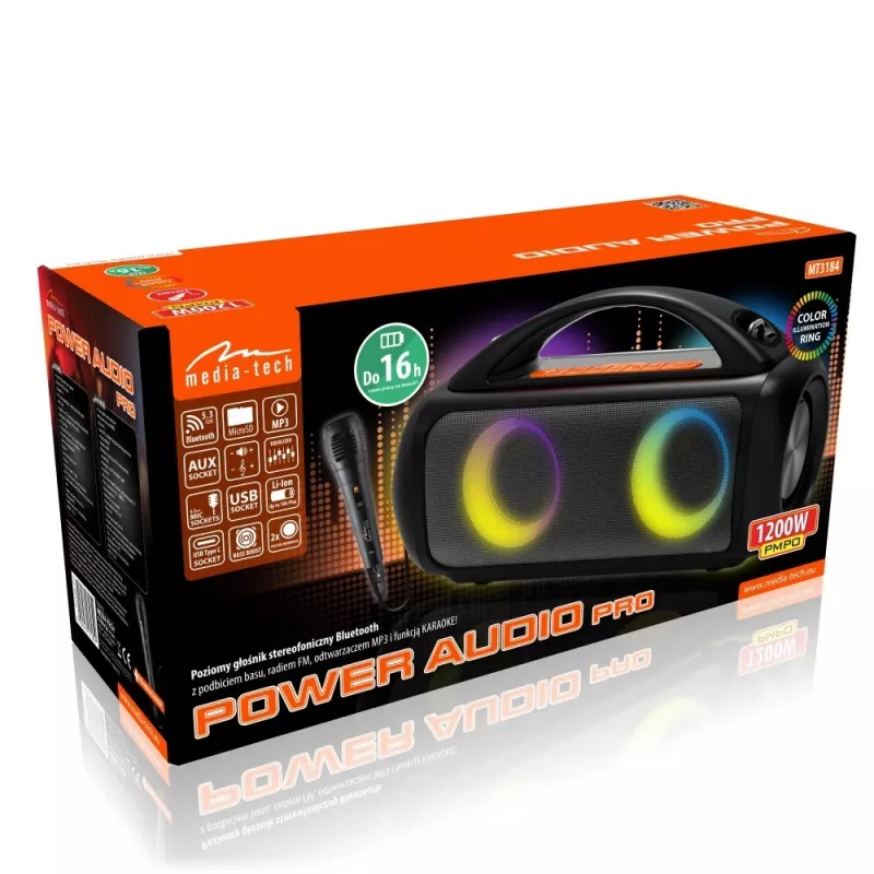 Tragbarer Lautsprecher MEDIA-TECH MT3184 — Bluetooth 5.3, 60W RMS, IPX5, Li-Ion Akku 16h, USB-C Ladeanschluss, MicroSD, TWS, Mikrofon, Fernbedienung