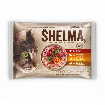 Nassfutter für Katzen SHELMA Multipack 4×85 g – Alleinfuttermittel für ausgewachsene Katzen, Huhn, Pute, Rind, Ente, getreidefrei