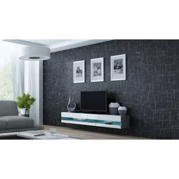 TV-Ständer Cama Meble VIGO NEW 30/140/40 — 1400×400×300 mm, graue Oberseite, Spanplatte, grauer Rahmen, weiße Hochglanzfronten