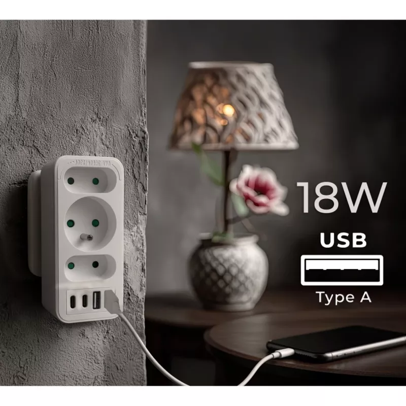 Power-Splitter MACLEAN MCE248 F/W — 3 AC-Steckdosen (1×16A, 2×6A) + 4×USB (2×A, 2×C PD 20W), EU-Stecker, weiß