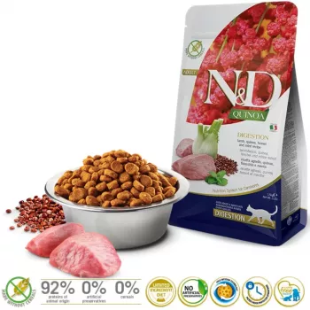 Trockenfutter für Katzen Farmina N&D Quinoa Adult Lamb 1,5 kg — Lamm, 33 % Protein, 21,5 % Fett, gluten- und sojafrei