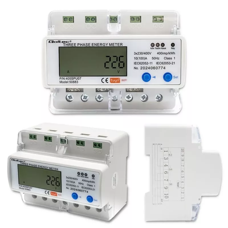Dreiphasen-Energiezähler QOLTEC 50883 Wi‑Fi 400V mit LCD-Anzeige
