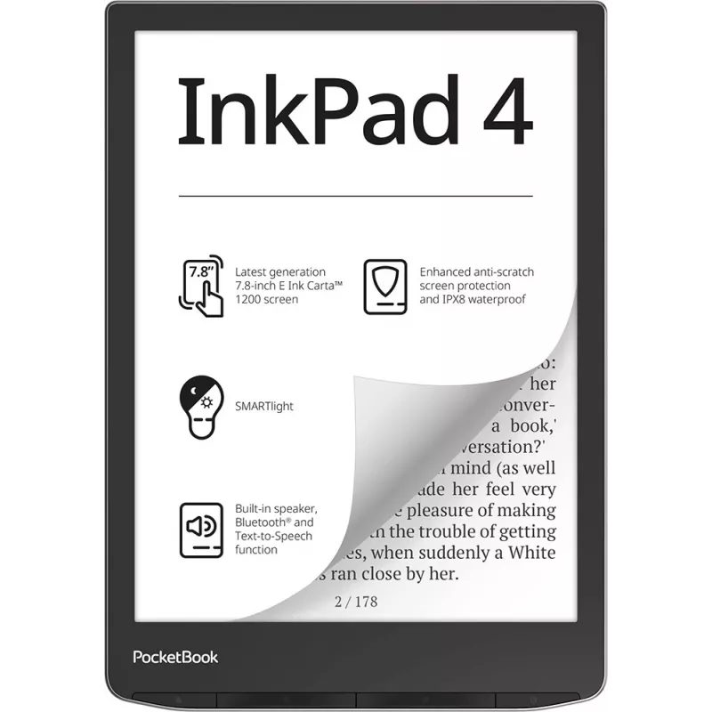 E-Book-Reader PocketBook InkPad 4 7,8 Zoll E Ink Carta, 32 GB, Wi‑Fi, Schwarz/Silber