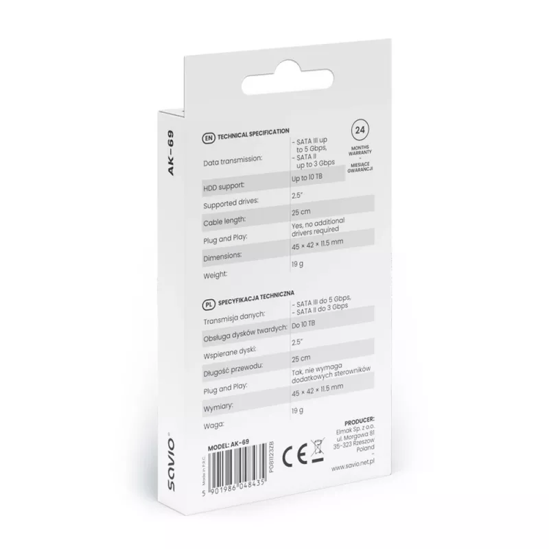 SAVIO SATA-zu-USB-C-Schnittstellenkabel AK-69, SATA-Buchse auf USB-C-Stecker, USB 3.2 Gen 1 (5 Gbit/s), 0,25 m, schwarz