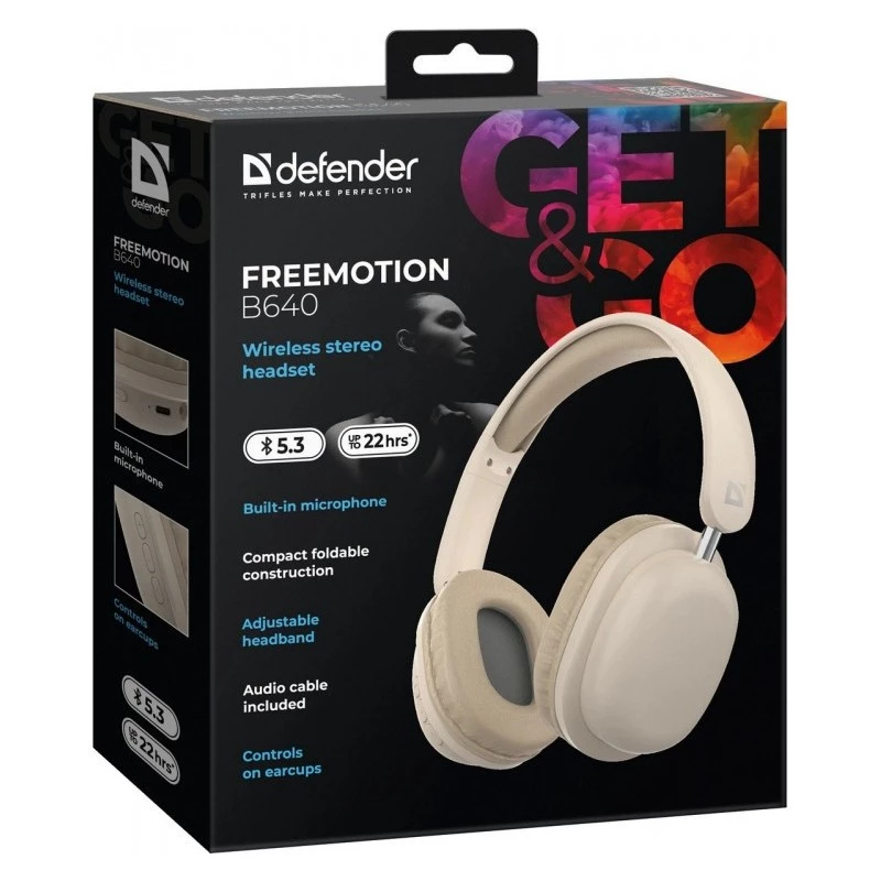 Drahtlose Over-Ear-Kopfhörer DEFENDER EEMOTION B640 BEIGE — binaural, geschlossene Akustik, USB-C, AUX, 20–20000 Hz, 105 dB