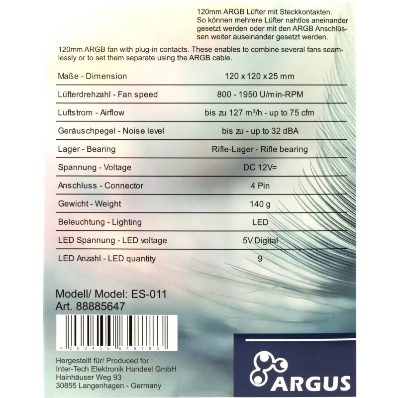 Computergehäuse-Lüfter INTER-TECH ES-011, 120 mm, schwarz, 1 Stk.