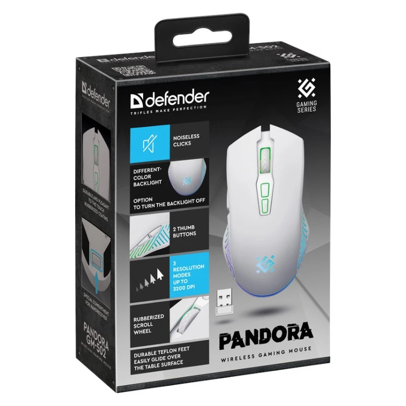 Kabellose Gaming-Maus DEFENDER Pandora White – beidhändig, 3200 DPI, 6 Tasten, programmierbar, optisch, USB