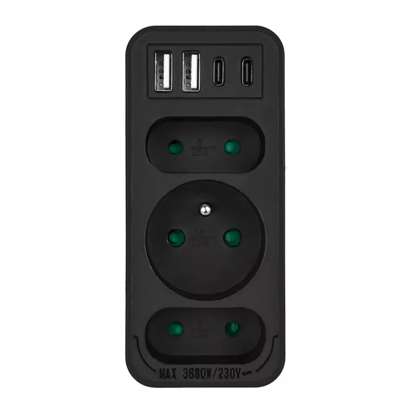 Power-Splitter MACLEAN MCE248 F/B — 3 AC-Steckdosen (1x16A, 2x6A) und 4 USB-Anschlüsse (2xUSB‑A, 2xUSB‑C PD 20W), EU-Stecker, schwarz