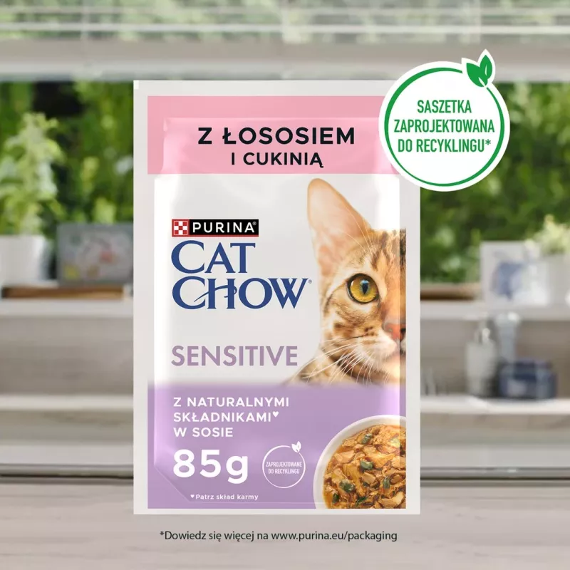 Purina Cat Chow Sensitive Gig mit Lachs und Zucchini in Sauce - Nassfutter für Katzen - 85 g