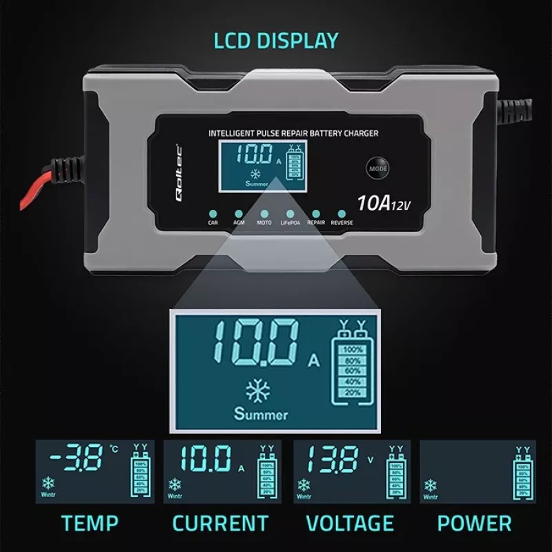 Ladegerät QOLTEC 52493 12V 10A mit Reparaturfunktion für AGM-Batterien