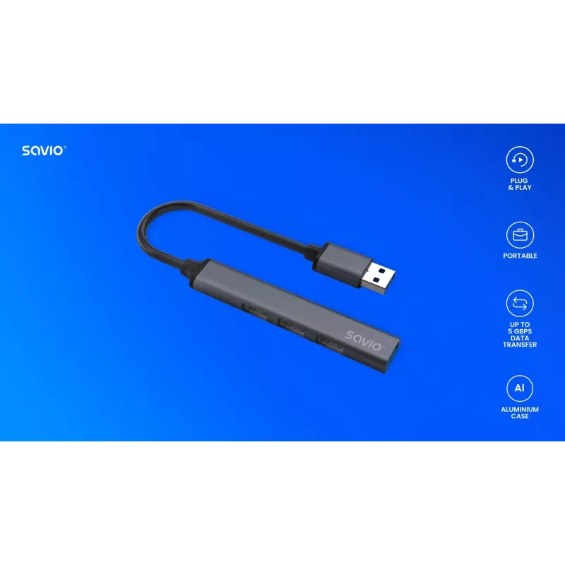 USB-Hub SAVIO AK-70, 7-Port USB 3.0, 4 nutzbare Ports, USB Typ-A Host, 5 Gbit/s Übertragung, Garantie 2 Jahre