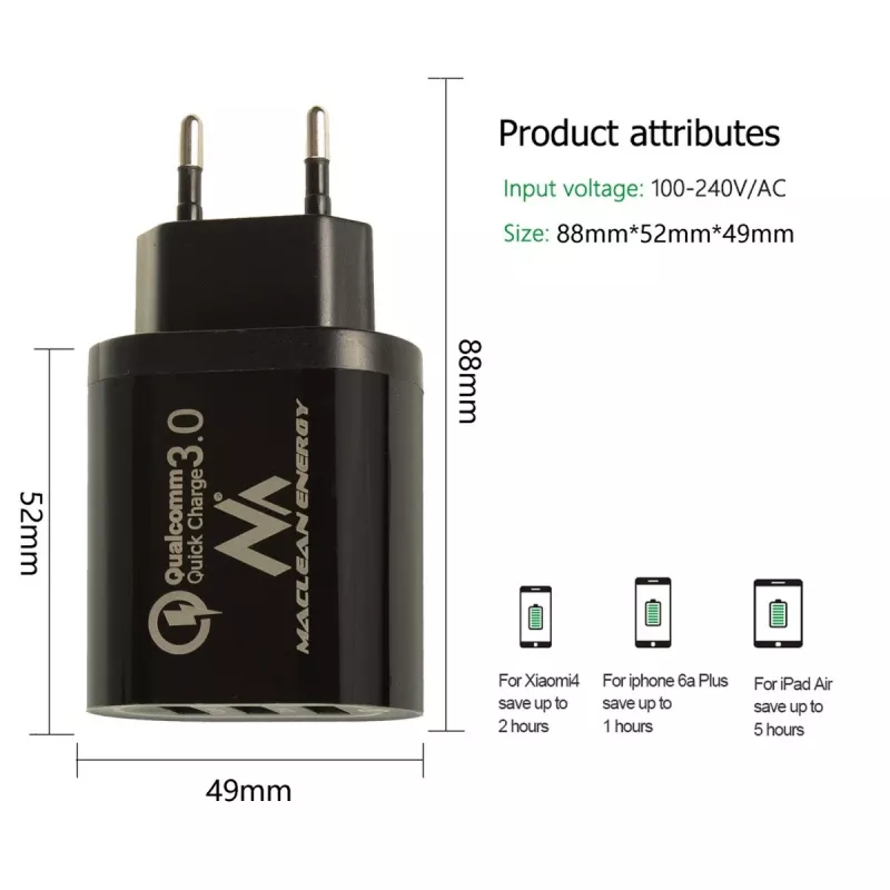 USB-Wandladegerät MACLEAN MCE479B — 3x USB-Anschlüsse, 18W Gesamtleistung, kompakt