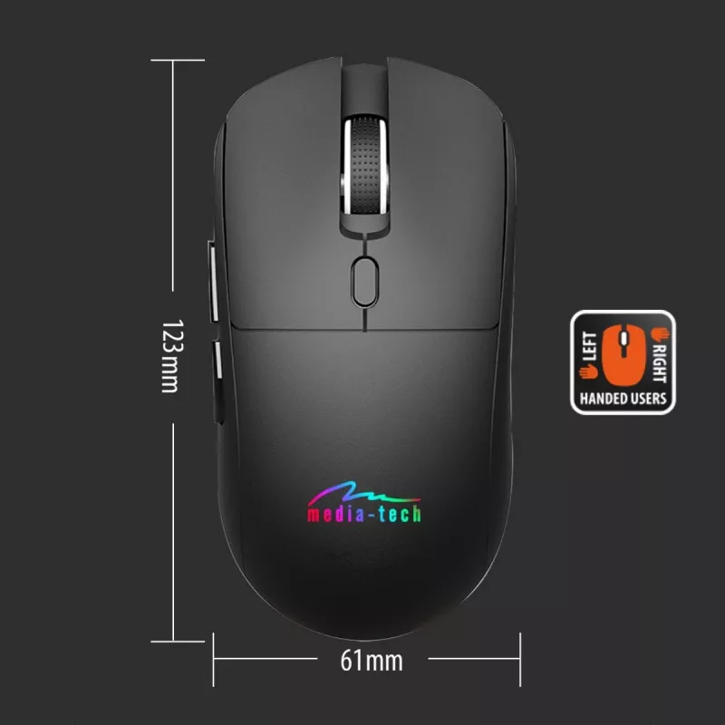 Kabellose Maus MEDIA-TECH MT1124 BT/RF Silent & Recharge — beidhändig, 3200 DPI, Bluetooth + 2,4 GHz USB, 6 Tasten, wiederaufladbar