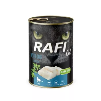 Nassfutter für Katzen Dolina Noteci Rafi mit Kabeljau, Alleinfuttermittel für ausgewachsene Katzen, Dose 400 g, Fischgeschmack