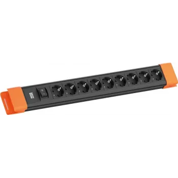 Steckdosenleiste Bachmann CONNECTUS mit 9x CEE 7/3-Steckdosen, 1x Schalter, 2,0 m Kabel — schwarz/orange
