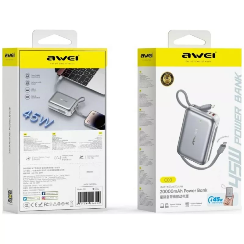 Tragbare Powerbank Awei C03 20000mAh mit 45W Ausgang und integriertem USB-A/USB-C Kabel