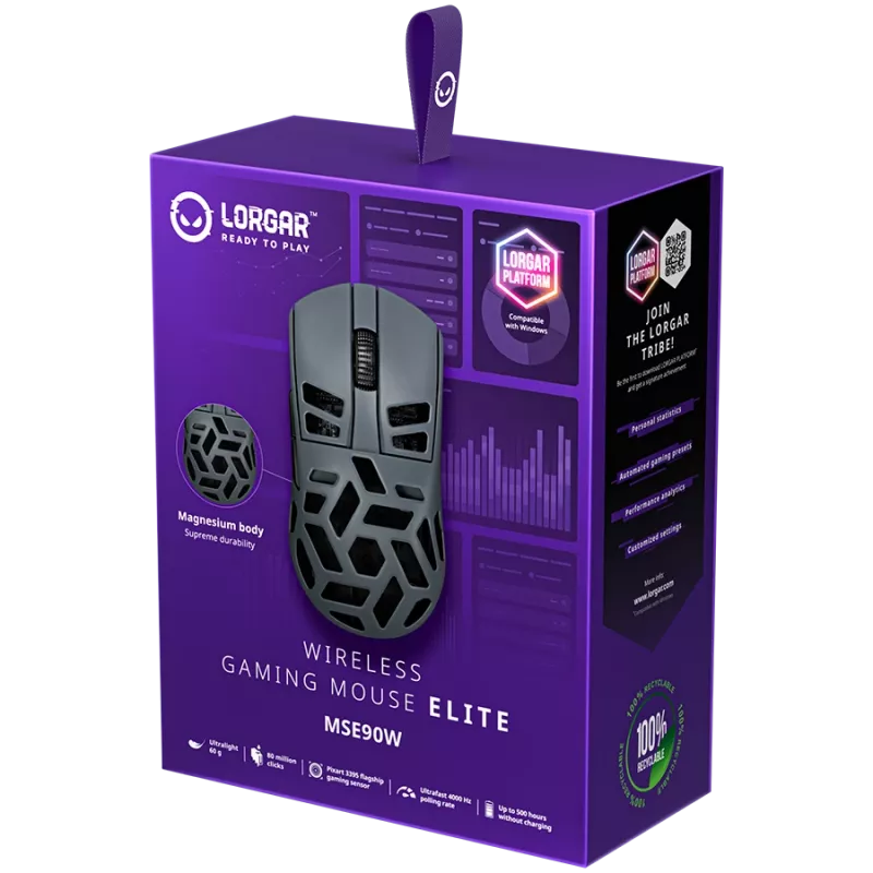 LORGAR MSE90W, Magnesium Alloy Wireless Gaming Maus Elite, Dark Grau