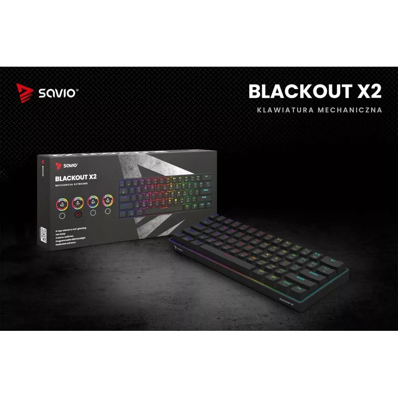 Mechanische Gaming-Tastatur SAVIO SchwarzOUT X2 BROWN 61-Tasten 60% USB QWERTY RGB Outemu Brown