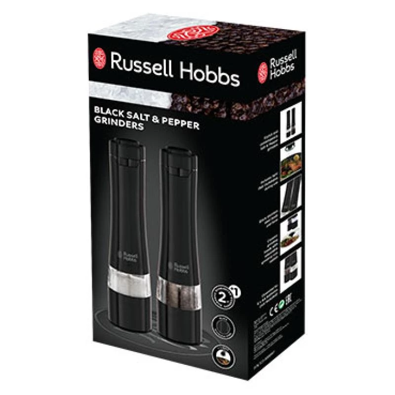 Russell Hobbs 28010-56 Electric Salt Mill Set (High Quality, Automatic, Adjustable Grinding, Light on Base, Schwarz Metal Design) Pepper Mill