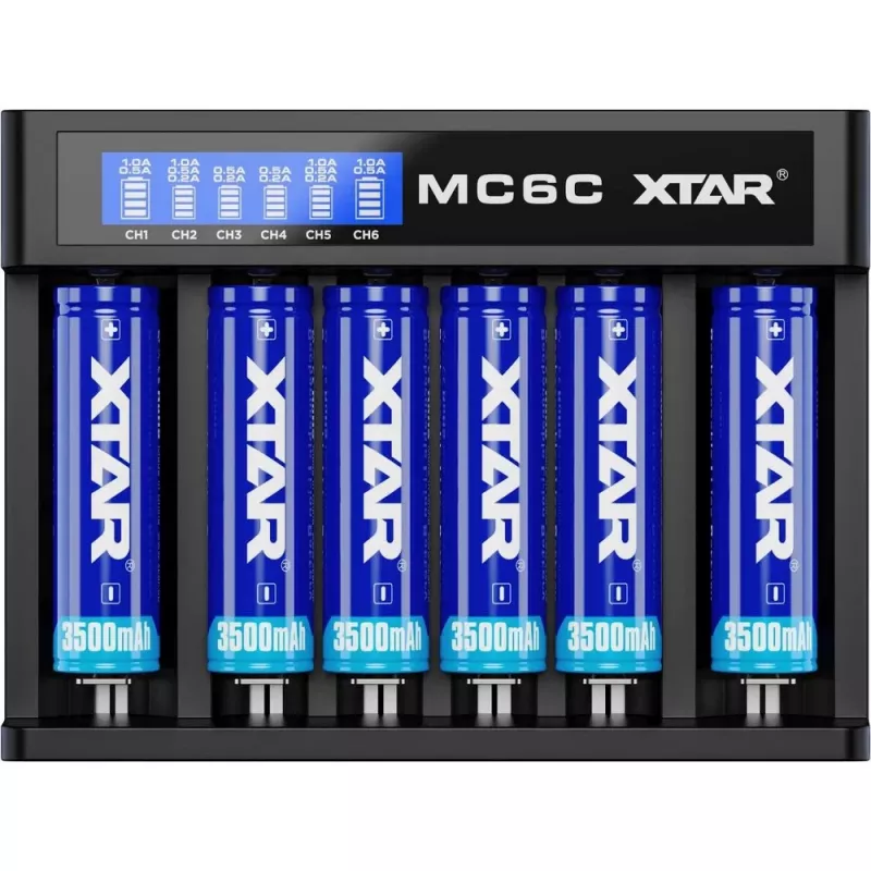 XTAR MC6C Ladegerät Multi-Slot intelligentes Ladegerät für zylindrische Li-Ion-Zellen, 6 Schächte, unterstützt 18650/21700/AA, 5V Eingang, schwarz