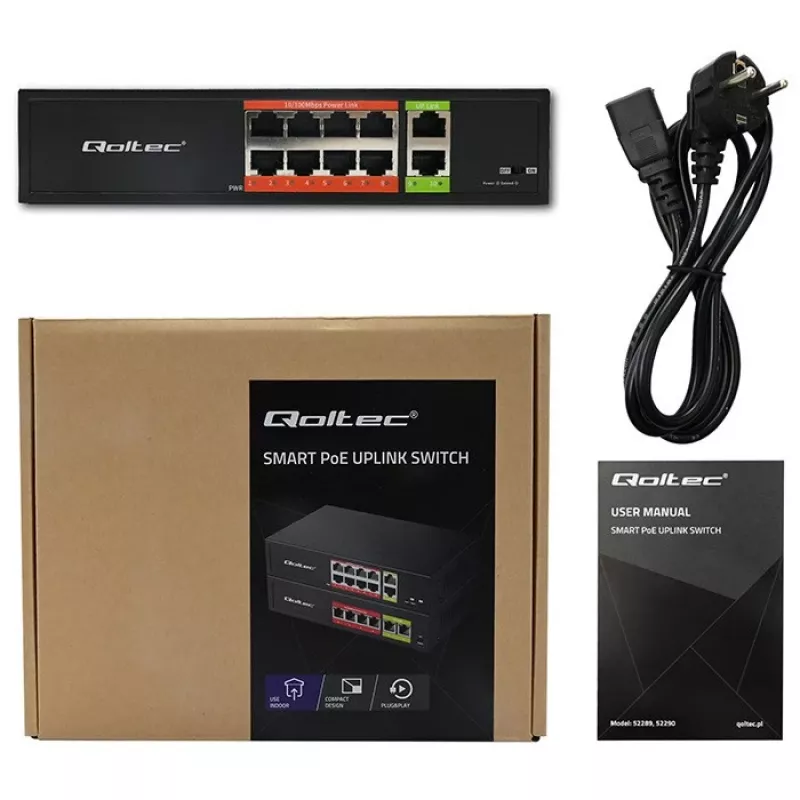 Netzwerk-Switch QOLTEC FAST Ethernet PoE 8xRJ45 mit 2xRJ45 Uplink