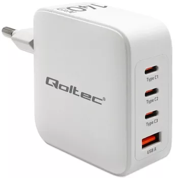 Ladegerät QOLTEC 51828 140W GaN 3×USB‑C PD + 1×USB‑A QC 3.0 – Multiport-Schnellladegerät