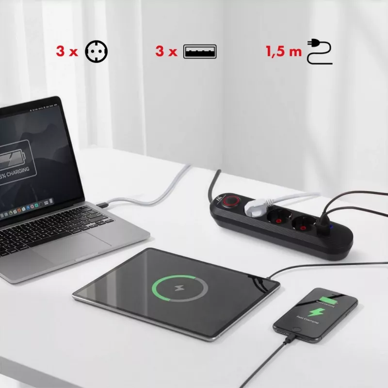 Steckdosenleiste MACLEAN MCE394 B — 3 Steckdosen + 3×USB A, 110–240V, 2,1A USB, 2500W, 1,5 m Kabel, schwarz