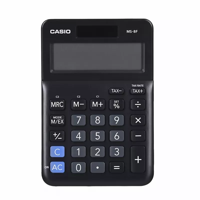 Desktop Basisrechner CASIO MS-8F – 8-stellig, Batterie/Solar, 26 Tasten, Währungs- & Steuerfunktionen, Gewinnberechnung, schwarz