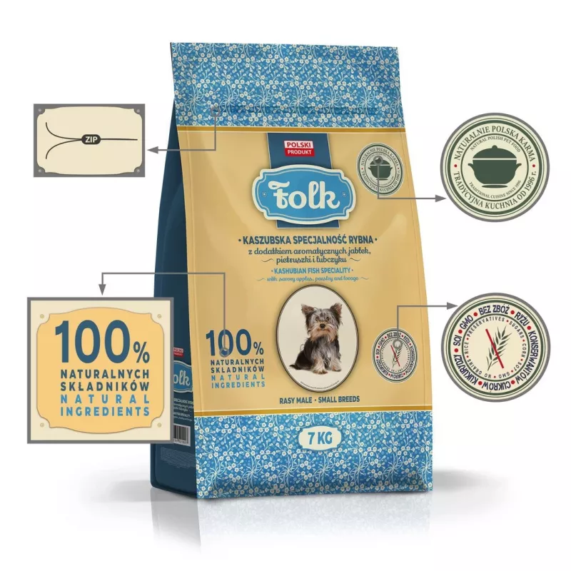 FOLK Small breeds Fischspezialität kaschubischer Art mit Äpfeln, Petersilie und Liebstöckel - Trockenfutter für Hunde - 7kg
