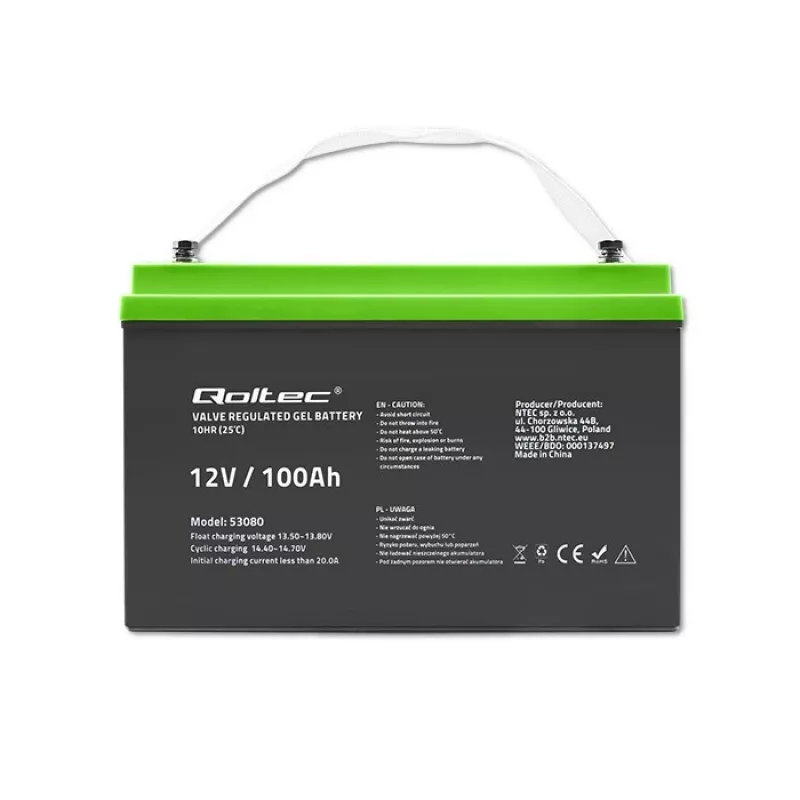Gel-Batterie QOLTEC 53080 12V 100Ah — verschlossene wiederaufladbare Batterie für Notstromversorgung