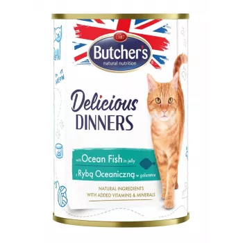 Nassfutter für Katzen butcher's Delicious Dinners Ocean Fish Chunks in Gelee 400 g, Fischgeschmack, Senior, Dose