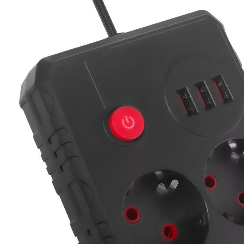 Steckdosenleiste MACLEAN MCE388 B — 2 AC-Steckdosen, 3×USB A, 110–120 V 50/60 Hz, 2500 W, 3 m Kabel, schwarz