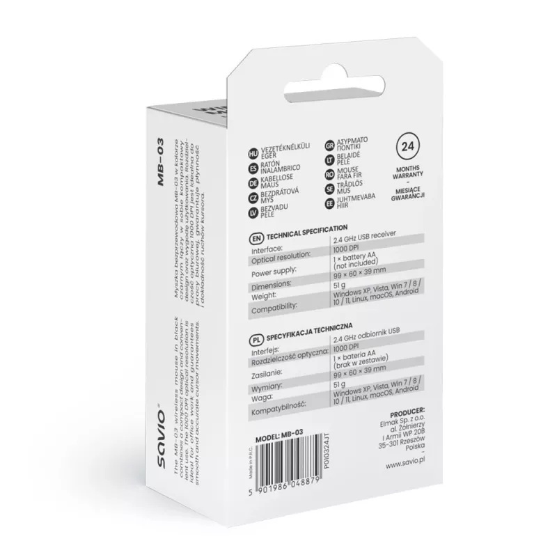 Kabellose Maus SAVIO MB-03, Bluetooth-Schnittstelle, 1000 DPI, Batterie AA, 99×60×39 mm, 51 g, Empfänger im Lieferumfang
