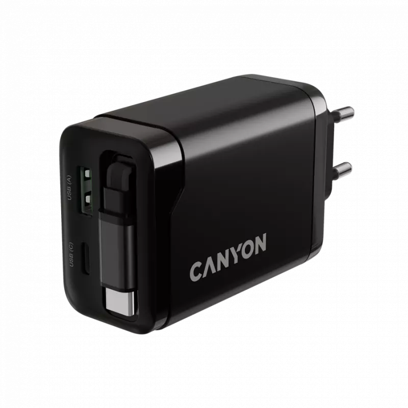 Ladegerät CANYON OnCharge 65RC mit integriertem USB-C-Kabel, 65 W, 1x PD, 1x QC, EU-Stecker, Schwarz