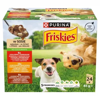 Nassfutter für Hunde Multipack Purina Nestlé Friskies Adult Rind, Huhn & Lamm 24 x 85 g, Alleinfutter, 82,5 % Feuchtigkeit