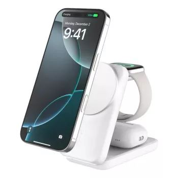 Indoor-Ladegerät Belkin UltraCharge 25W Qi2 3-in-1 Magnetisches Ladegerät EU Weiß Quadratisch