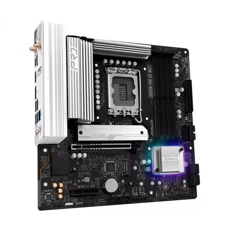 Mainboard ASRock B860M Pro RS WiFi — Intel B860, LGA 1851, micro ATX, DDR5, 4 DIMM, 3x M.2, 2.5Gb LAN, Wi‑Fi, Bluetooth