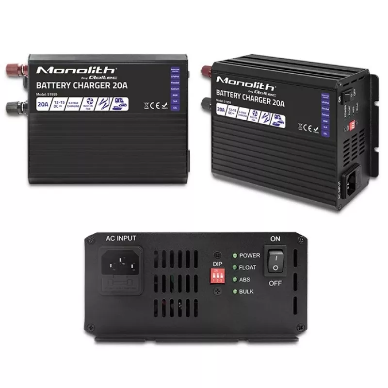 Ladegerät QOLTEC Monolith 20 A 12 V für LiFePO4-, AGM-, GEL-, SLA-Batterien