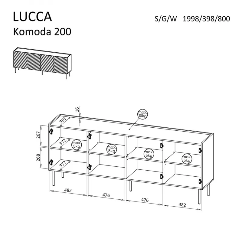 Kommode Cama Meble LUCCA 4D — 200 x 40 x 80 cm, Kaschmir, Spanplatte