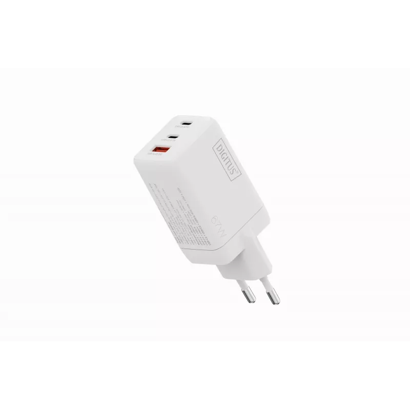 Wandladegerät DIGITUS DA-10303 67W GaN, 2× USB-C + 1× USB-A, 100–240V, weiß