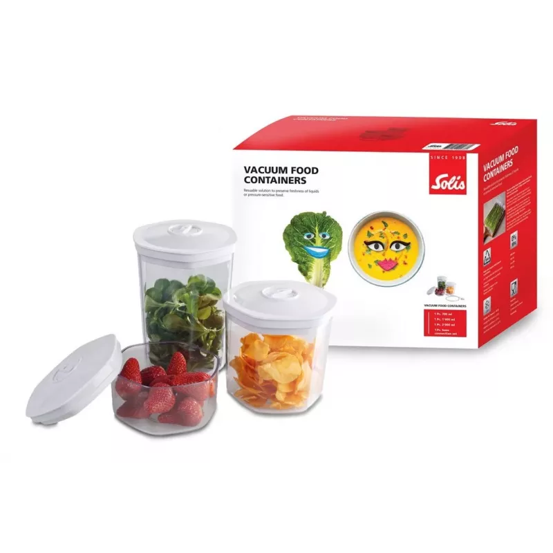 Vakuum-Lebensmittelbehälter-Set Solis 92278 — sechseckig 700 ml, 1,4 L, 2 L, weiß/transparent, geeignet für Kühl- und Gefrierschrank