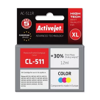 Tintenpatrone ActiveJet AC-511R kompatibel für Canon CL-511, farbstoffbasiert CMY, hohe (XL) Kapazität 12 ml, Einzelpackung