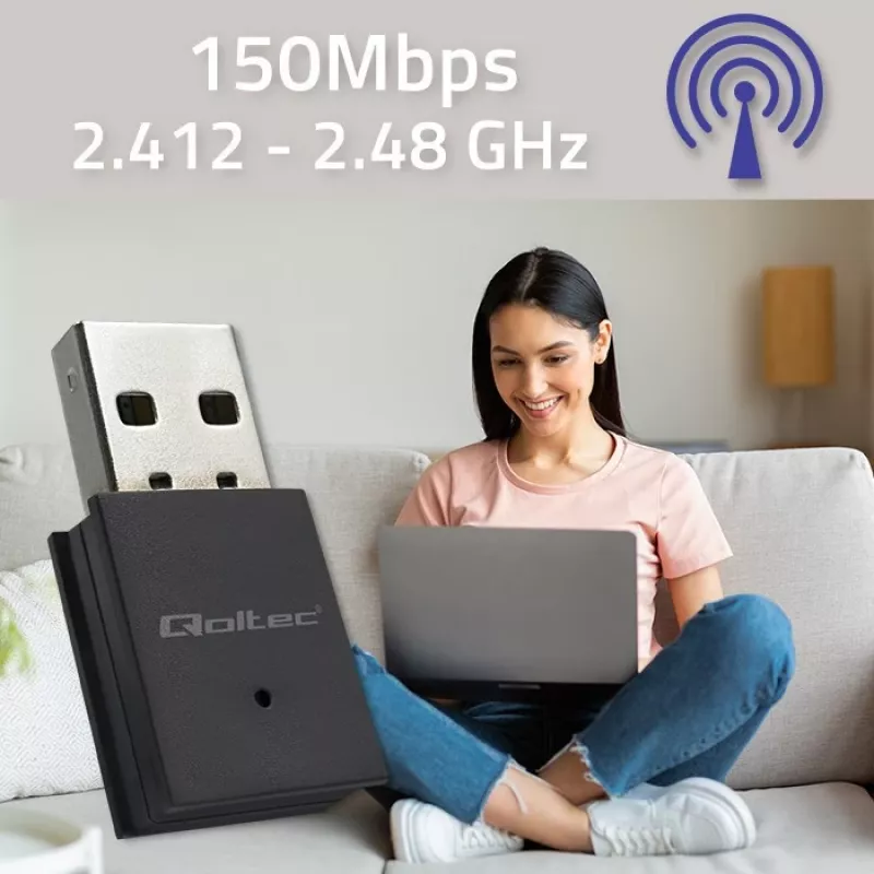 Kompakter kabelloser Mini-USB-WLAN-Adapter QOLTEC 57007 – Single-Band 2,4 GHz, bis zu 150 Mbit/s, interne Antenne